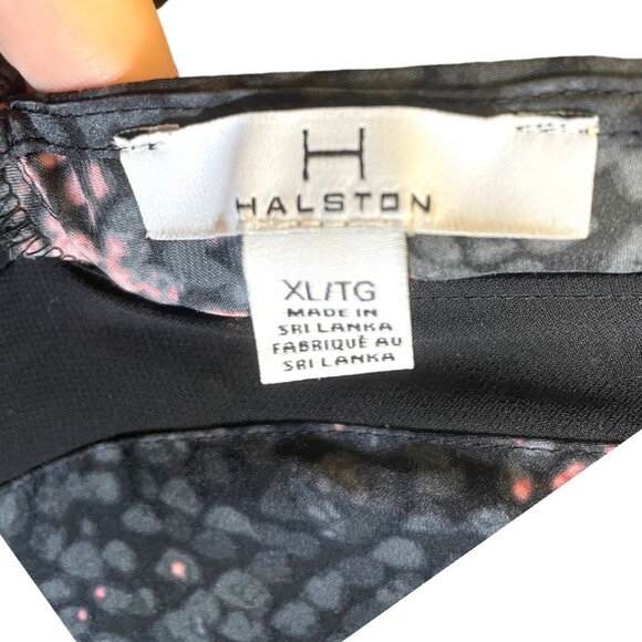 Halston Size XL Black Gray Pink Animal Print Deep V Flutter Sleeve Midi Dress - Picture 2 of 7